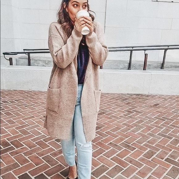 Oatmeal Open Collar Cardigan Coat - Picture 2 of 8